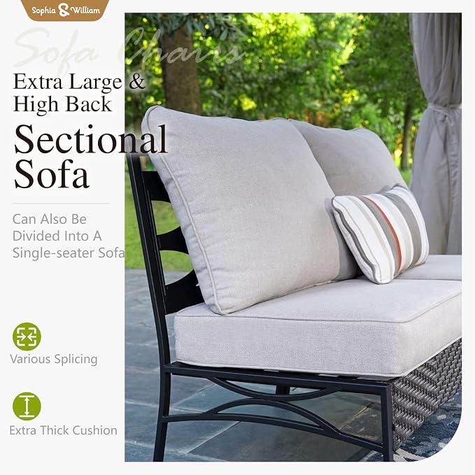 Sophia & William Half-Moon Patio Furniture Set for 10, Curved Outdoor Sofa Conversation Set with Coffee Table,Wicker Patio Sectional for Backyard, Beige