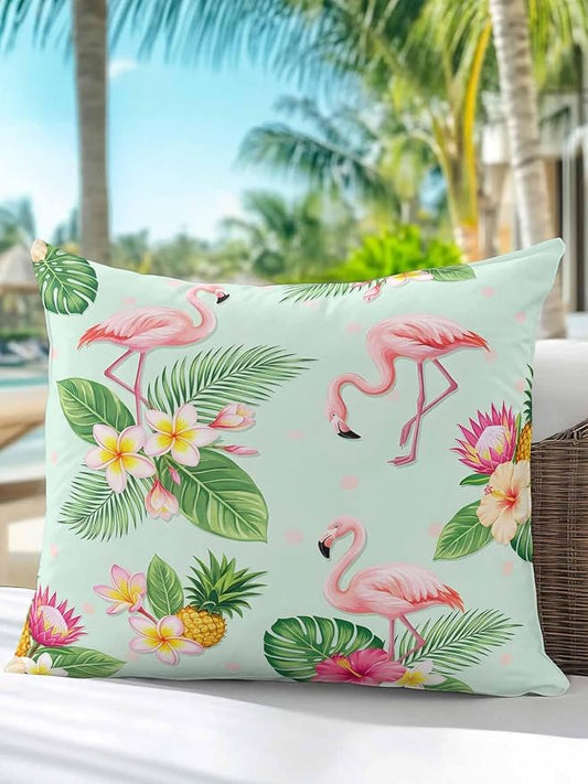 Outdoor Waterproof Throw Pillows 18x18in, Summer Flamingos Tropical Leaf Patio Pillows Pack of 1, Decorative Pillow Covers with Insert, Pillow Cushion Case for Garden Couch Sofa Pink Flower Pineapple