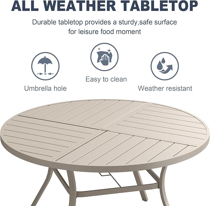 VICLLAX Patio 7 Pieces Outdoor Dining Set, 53" Round Metal Table with Umbrella Hole and 6 Swivel Textilene Chairs for Lawn, Garden, Porch, Sandshell