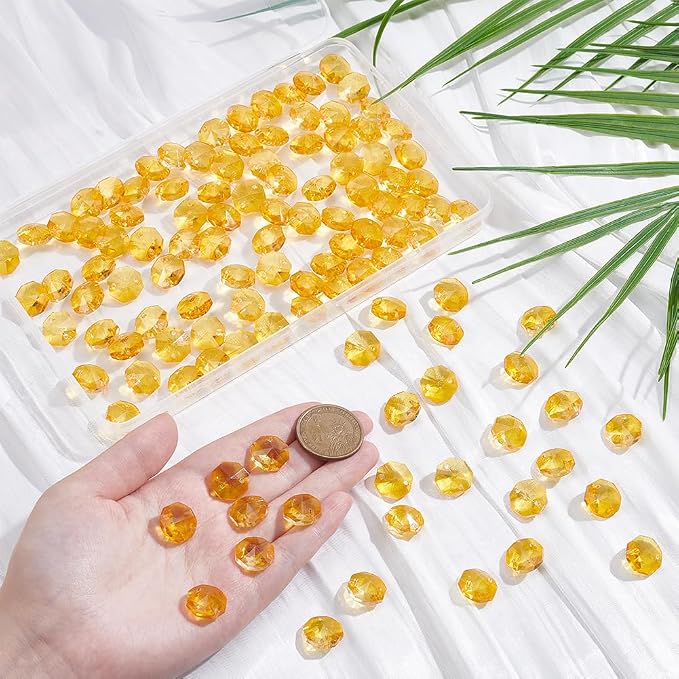 1 Box 120Pcs 14mm Crystal Glass Octagon Beads 2 Hole Prism Bead Bulk Yellow Glitter Chandelier Replacement Connector Suncatcher Faceted Spacers for DIY Lamp Hanging Ornament Pendant Adults