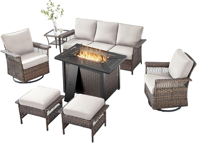 Patio Furniture Set with Fire Pit Table, 7PCS Patio Conversation Set Brown Resin Wicker Swivel Patio Chair Sofa Ottoman Set with Side Table and Fire Table PE Rattan Furniture Set