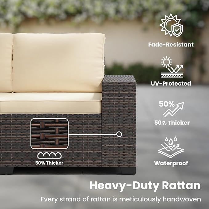 Soohow 6-Piece Patio Furniture Set All-Weather Outdoor Wicker Sectional Conversation Set with Cushion and Glass Table for Garden, Porch, Backyard, Beige Cushions