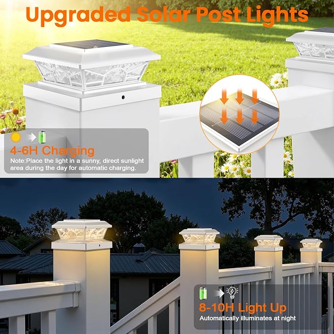 4x4 3.5x3.5 Solar Post Cap Lights 4-Pack White | 2 Modes (Warm/Cool White), 16LEDs, for Wooden/Vinyl Posts, IP65 Waterproof, Outdoor, for Fence, Deck, Patio, Yard, Porch