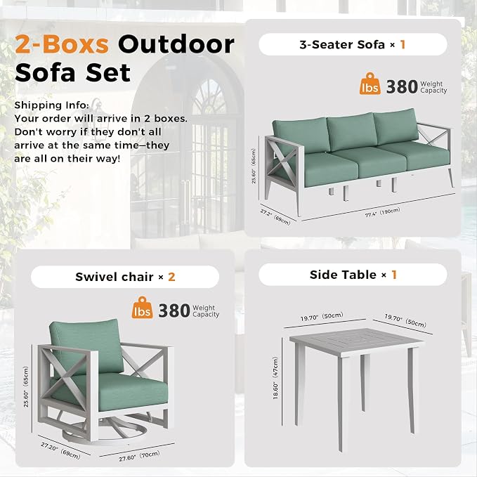 Aluminum Outdoor Patio Furniture Set with Swivel Chairs, 6-Piece Patio Conversation Sets with 5.2" Thick Cushions for Backyard,(White,5 Seats)