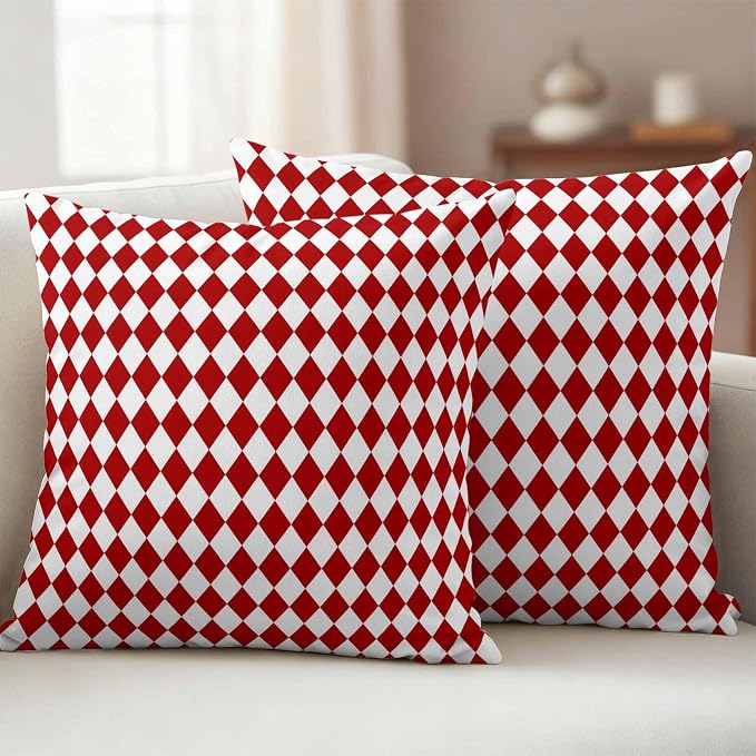 Outdoor Throw Pillow Cover Modern Red White Diamonds Plaid Waterproof Cushion Covers 2 Pack Minimalist Geometric Style Pillow Cases Home Decoration for Patio Garden Couch Sofa