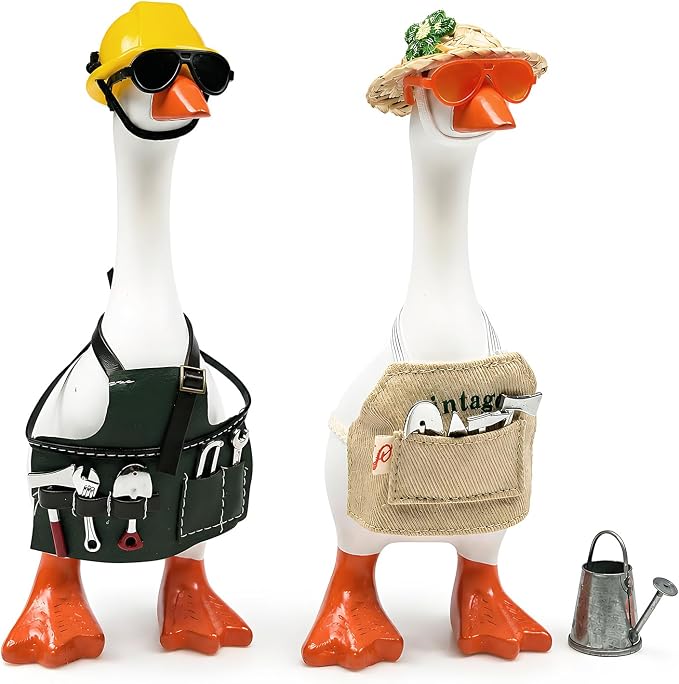 2 Sets Career Desk Goose Outfits, Gardener&Handyman Costume Accessories for 7 Inch Mini Porch Goose Statue, Tools Watering Can Work Apron Set, Dress-Up Clothes for Small Geese Figurine Home Desk Décor