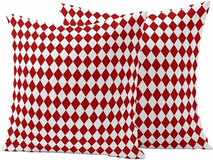 Outdoor Throw Pillow Cover Modern Red White Diamonds Plaid Waterproof Cushion Covers 2 Pack Minimalist Geometric Style Pillow Cases Home Decoration for Patio Garden Couch Sofa