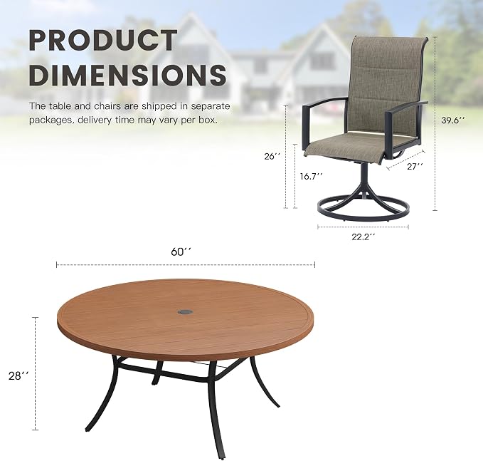 Outdoor Dining Set for 8, 60" Outdoor Dining Table with Umbrella Hole and Padded Textilene Patio Swivel Chairs, 9 Pieces Patio Table and Chairs Set for Garden Backyard, Mixed Brown and Walnut