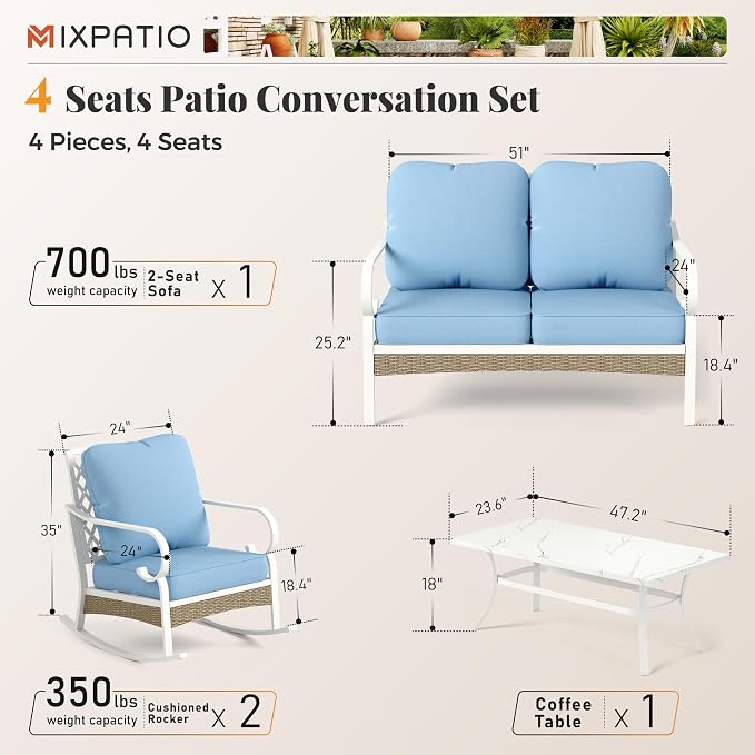 MIXPATIO 4 Piece Patio Furniture Set, 2 x Rocking Chair, 1 x 2-Seat Sofa with Marbling Coffee Table, All Cushioned 4 Seats Outdoor Conversation Set for Lawn Garden Backyard, Blue