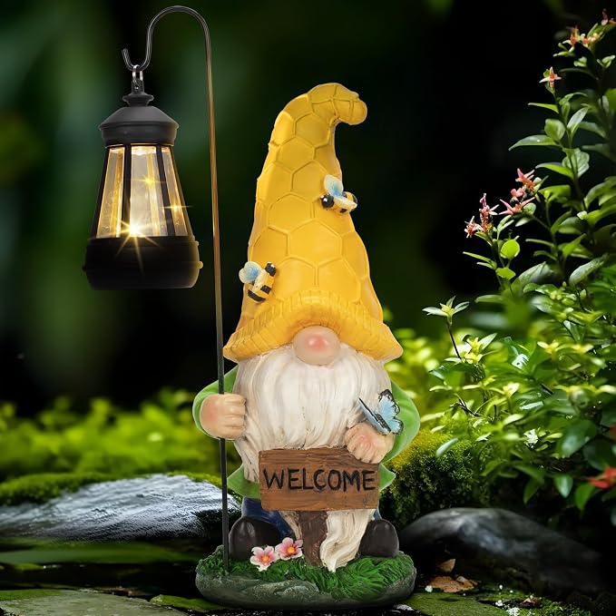 Solar Garden Gnome Statue with Lantern - Hand-Painted Resin Gnome Decor, IP44 Waterproof Outdoor Figurine for Yard Patio Porch, for Mom Women Housewarming Christmas