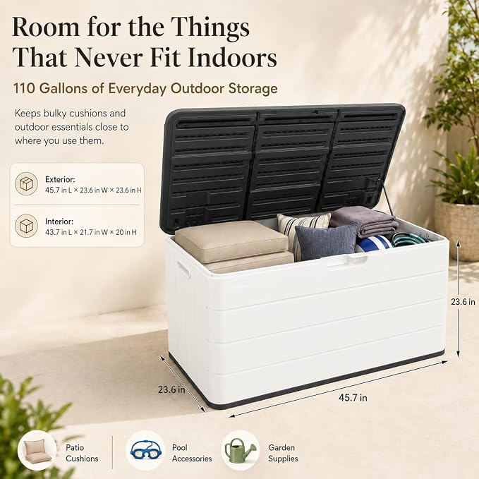 ADDOK 110 Gallon Outdoor Deck Box, Large Waterproof Resin Storage Box with Lid Support Rod, Lockable Lid and Side Handles, Patio Cushion Storage Bench for Poolside, Garden and Backyard, White
