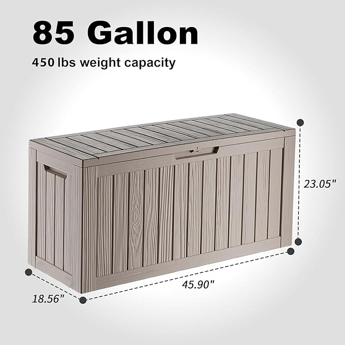 Resin Deck Box Outdoor Storage Box Waterproof for Patio Furniture,Outdoor Cushions,Garden Tools and Pool Supplies (Grey, 85 Gallon)