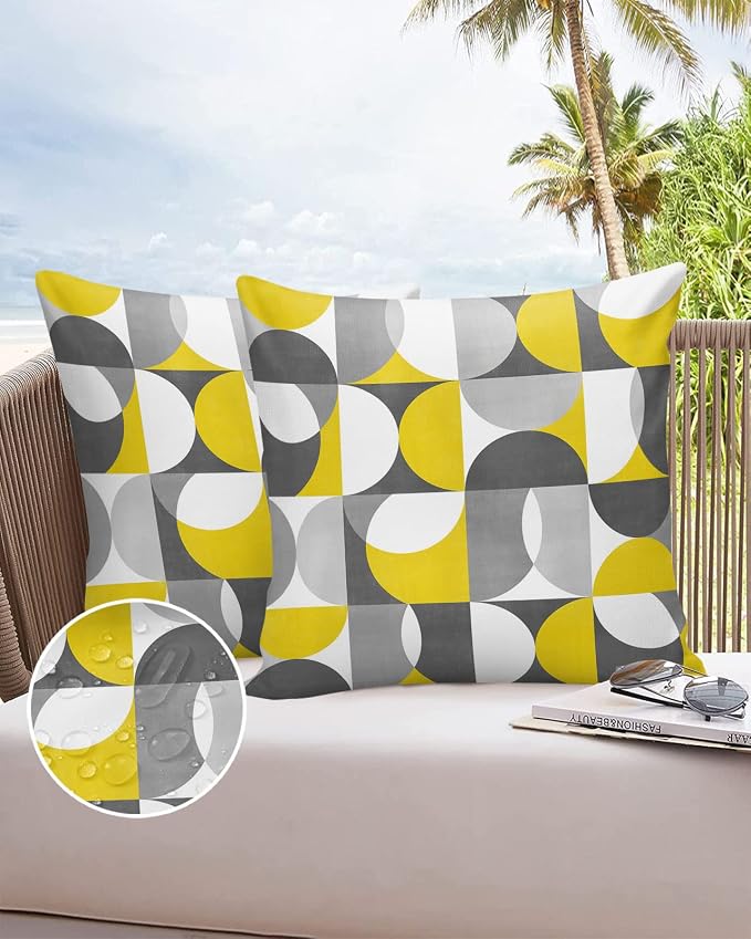 Vandarllin Outdoor Throw Pillows Covers 16x16 inch Set of 2 Waterproof Mid Century Geometric Decorative Zippered Cushion Covers for Patio Furniture, Abstract Modern Yellow Gray Lumbar Pillowcases