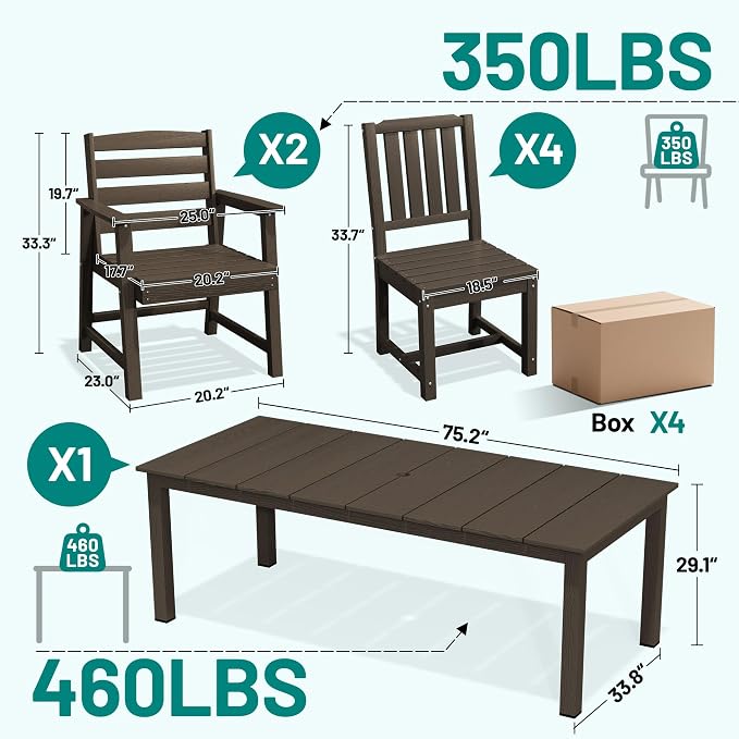 PLUUV 7-Piece Outdoor Patio Dining Set, All-Weather HDPE Dining Furniture Set with Umbrella Hole Cut-Out Table, Aluminum Table Legs, and 6 Chairs, Waterproof & Easy Clean for Backyard, Garden, Coffee