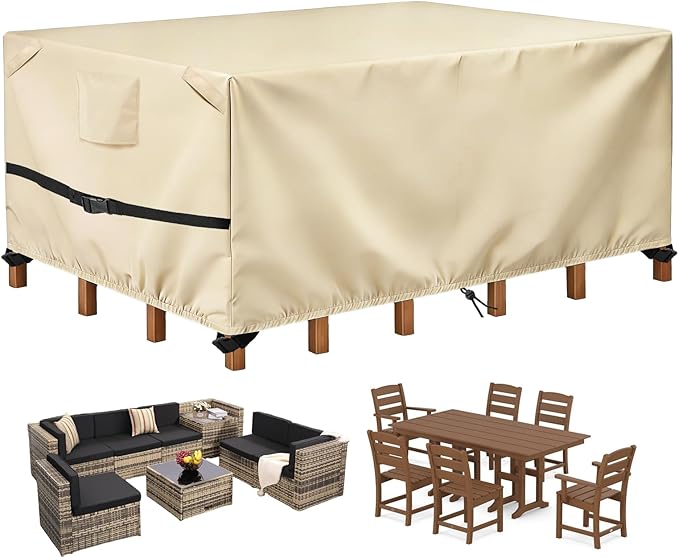POMER Rectangular Patio Furniture Covers-Outdoor Furniture Covers Waterproof,600D Table and Chairs Cover for All-Weather Protection 112L X 74W X 28H Inch Beige