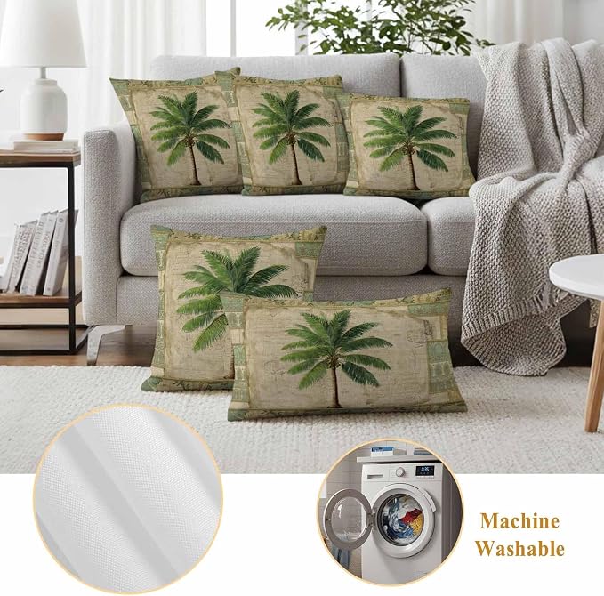Summer Palm Trees Outdoor Pillow Covers 20"x20" Set of 2, Green Tropical Leaves Retro Boho Vintage Texture Waterproof Throw Pillow Covers for Patio Furniture, Decorative Cushion Covers for Porch