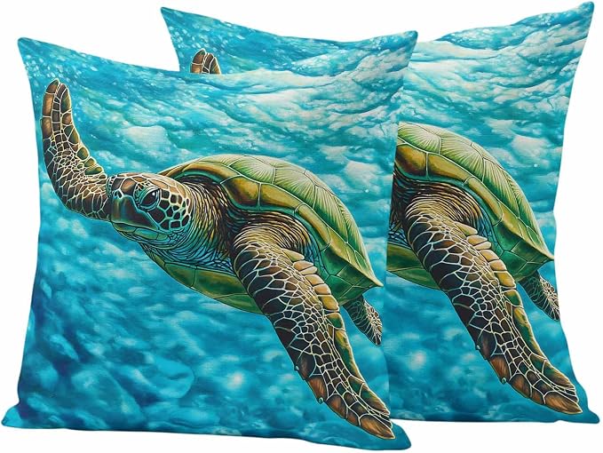 Swimming Sea Turtle Outdoor Waterproof Throw Pillow Covers Set of 2, 24"x24", Sea Water Retro Decorative Pillow Covers Outside Cushion Case for Patio Porch Garden