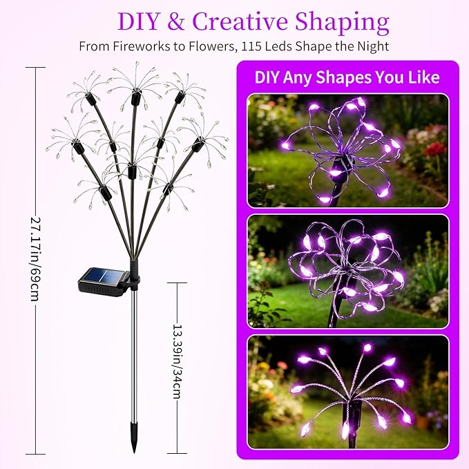 Solar Garden Lights Outdoor, 4 Pack 2-Layer Purple Solar Firework Lights | ﻿Purple Halloween Decoration, Waterproof Starburst Fairy Light Garden Decor for Christmas Yard Patio Pathway Lawn