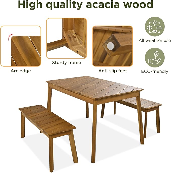 LUMISOL 3 Pieces Outdoor Dining Table Set, Acacia Wood Dining Table Set with 2 Benches for 4 Persons, Picnic Beer Table for Patio, Porch, Garden, Poolside, Natural