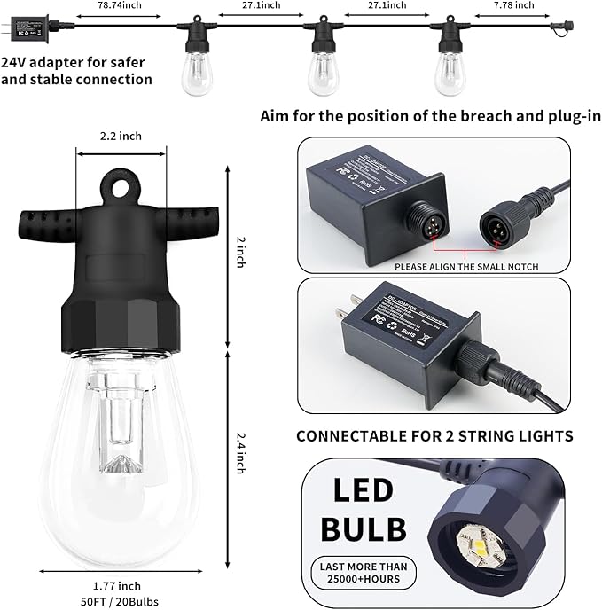 CAWWS Outdoor String Lights 50FT, Color Changing Patio Lights, Waterproof | 20 Shatterproof LED Bulbs, Multicolor & Warm White, Dimmable, IP67 Waterproof, APP & Remote, Custom Colors, 24V Low Voltage