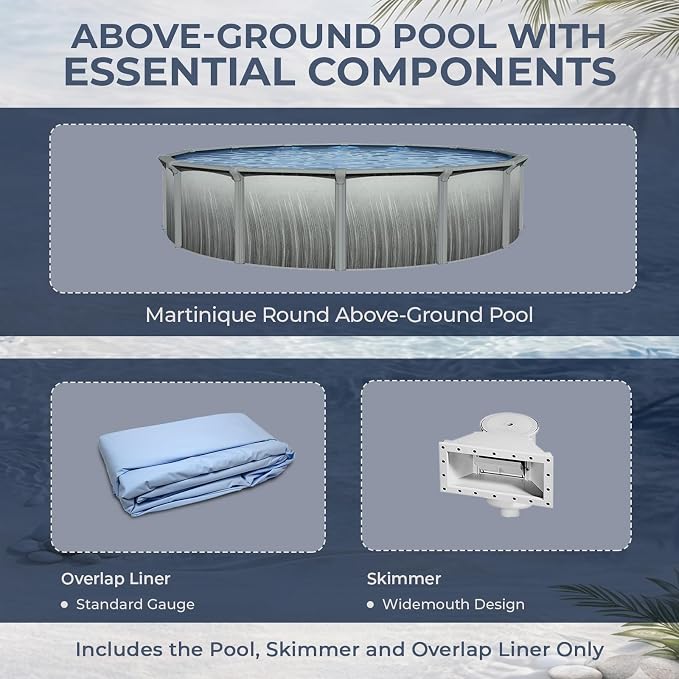 Blue Wave Martinique 18-ft Round 52-in Deep Hard Sided Steel Wall Above Ground Pool with 7-in Top Seats, 6-in Verticals, Skimmer & Vinyl Liner - 7,200 Gallon Capacity for Family Swimming & Recreation