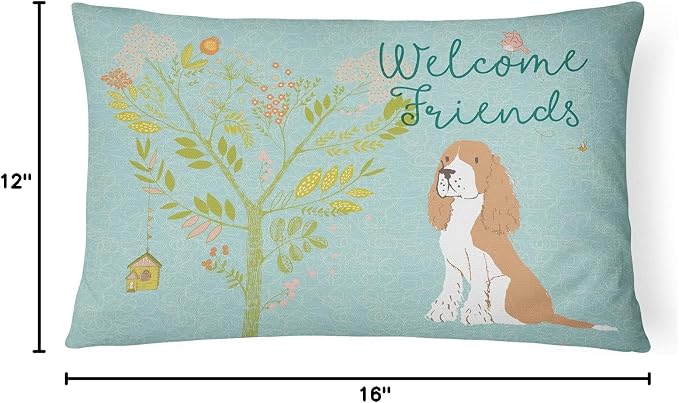 Caroline's Treasures BB7620PW1216 Welcome Friends Gold Springer Spaniel Canvas Fabric Decorative Pillow Machine Washable, Indoor Outdoor Decorative Pillow for Couch, Bed or Patio, 12HX16W