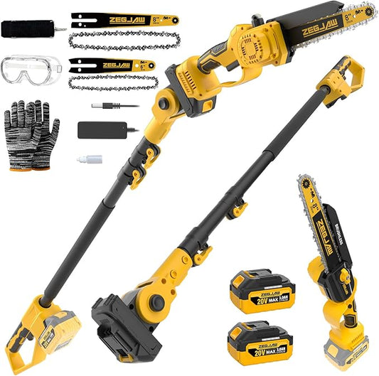 ZEGJAW 4-IN-1 Cordless Pole Saw & Mini Chainsaw, 6-inch & 8-inch Chainsaw Bar with 2 Pack 3.0Ah Battery and Charger, Electric Pole Saw for Tree Trimming with Adjustable Extension Pole