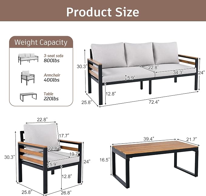 4-Piece Patio Set, Outdoor Furniture Sofa Set for 5 People with Acacia Wood Armrests, Conversation Set with Solid Wood Coffee Table, 2 Single Chairs, 3-Seater Sofa for Garden and Backyard (Beige/453)