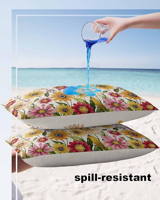 Outdoor Waterproof Pillow Covers for Patio Furniture Pink Purple Floral Decorative Throw Pillow Cover Red Yellow Flowers Pillowcases Set of 2 Cushion Case for Sofa Couch Chair Home Decor 20"x12"