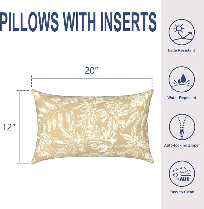 Outdoor Lumbar Pillows 12x20 Inch, Water Repellent Cushion Pillows, Outdoor Pillows with Inserts for Home Garden Pack of 2, Tropical Leaf Oat