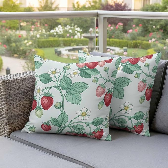 Strawberry Leaves Outdoor Pillow Covers 24"x24" Set of 2, Watercolor Red Pink Fruit Floral Mint Green Waterproof Throw Pillow Covers for Patio Furniture, Decorative Cushion Covers for Porch