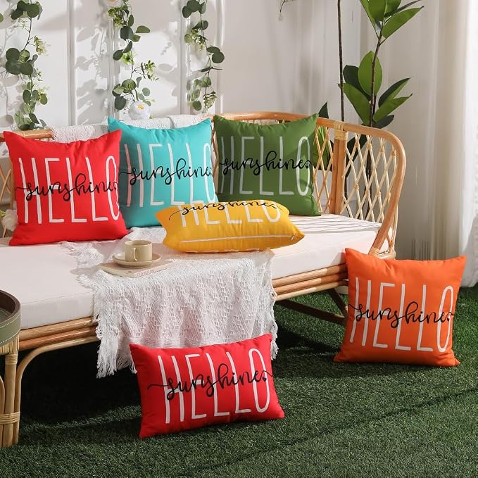 DFXSZ Olive Green Outdoor Waterproof Pillow Covers 20x20 Set of 2 | Hello Sunshine Decor Spring Summer Polyester Pillow Covers(NO INSERTS)| Decor for Patio Funiture Garden Sofa Couch