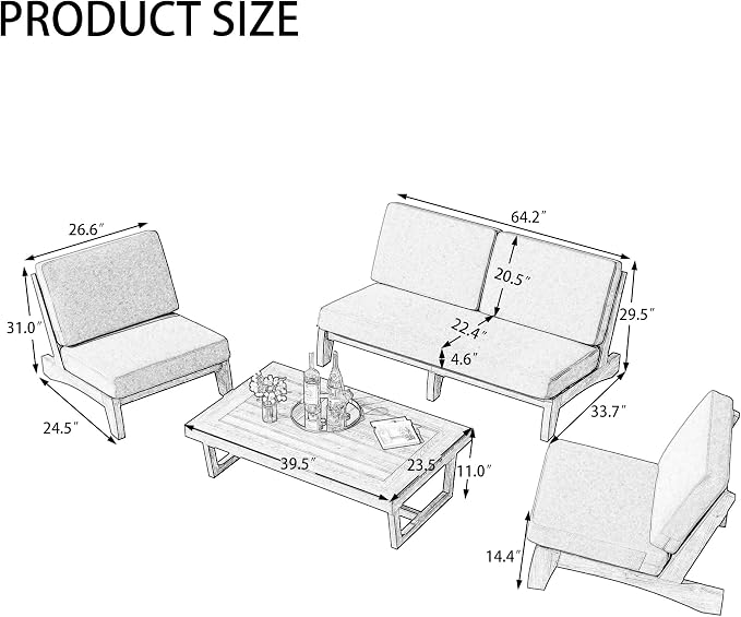 4 Piece Teak Outdoor Patio Frutnire Set, 5 Seater Patio Conversation Sets with Thick Cushions, Outdoor Sectional Furniture with Coffee Table - Gray