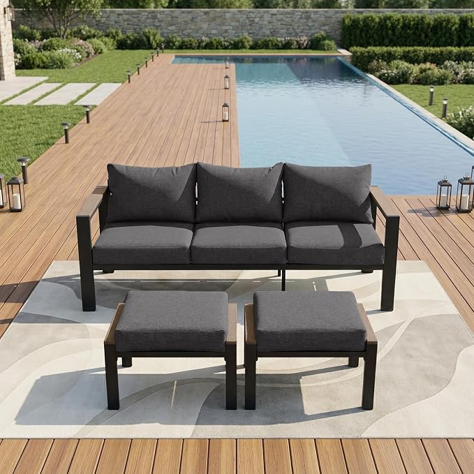 Patio Furniture Set 3 Seats Sofa and Ottoman All-Weather Patio Sofa with Washable Thick Cushions, Deluxe Aluminum Modern Outside Sectional for Porch, Balcony, Deck, Yard, Dark Gray