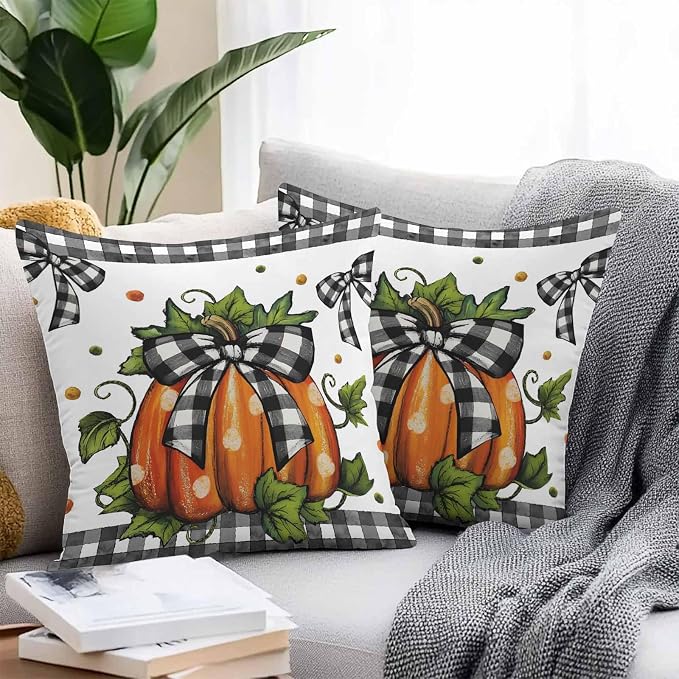Orange Pumpkins Outdoor Waterproof Pillow Covers, Polka Dot Bow Fall Maple Leaves Plaid Decorative Square Throw Pillowcase Sofa Cushion Sham for Patio/Couch/Chair, 26"x26" 2 Pack
