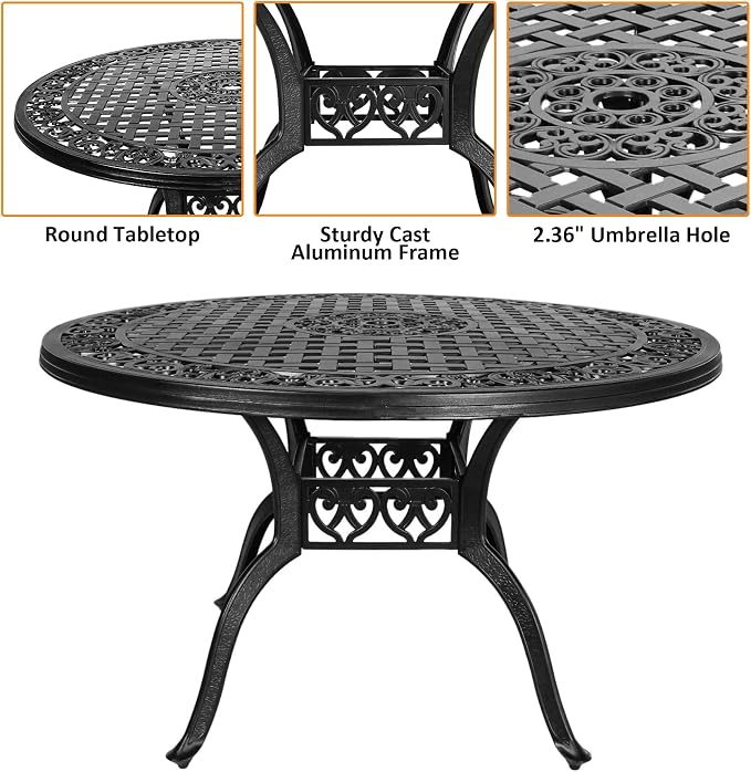 7 Pieces Cast Aluminium Patio Dining Set for 6 Person,Round 48" Patio Table and 6 Chair with 2.3" Umbrella Hole,Outdoor Patio Dining Set for Porch Backyard Deck, Black