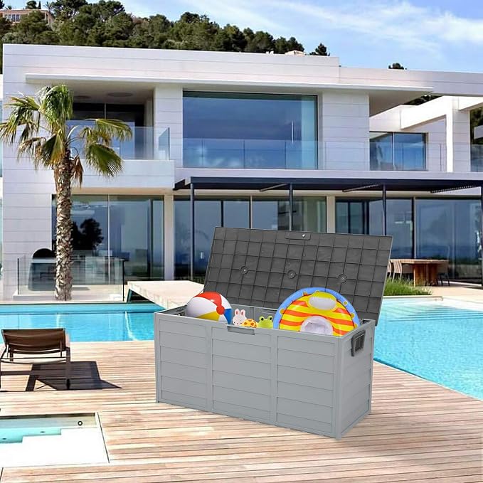 HomVent 75 Gallon Resin Deck Storage Box, Waterproof Outdoor Garden Deck Bin Patio Storage Deck Box with 2 Wheels, Outdoor Storage Container Furniture for Patio, Pool, Garden, Garage (Grey)