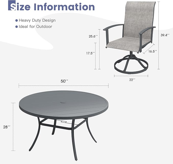 VICLLAX Outdoor Table and Chairs Set for 6, Patio Dining Set of 50 Metal Round Patio Table with Umbrella Hole & 6 Swivel Outdoor Dining Chairs for Backyard Lawn, Grey & Dark Grey