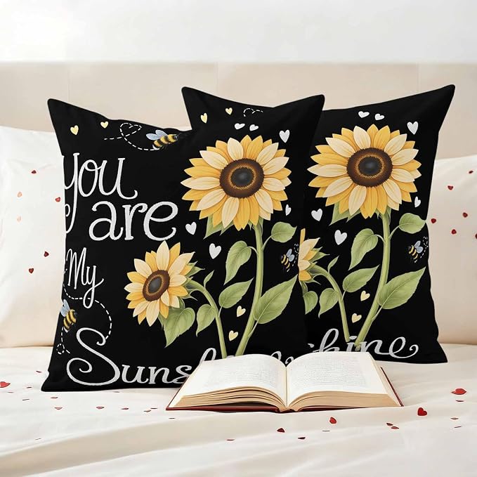 Outdoor Pillow Covers You are My Sunshine Words Decorative Throw Pillow Covers, Country Sunflowers Bees Throw Cushion Case with Zipper for Patio,Couch,Sofa,Garden 16x16in Set of 2