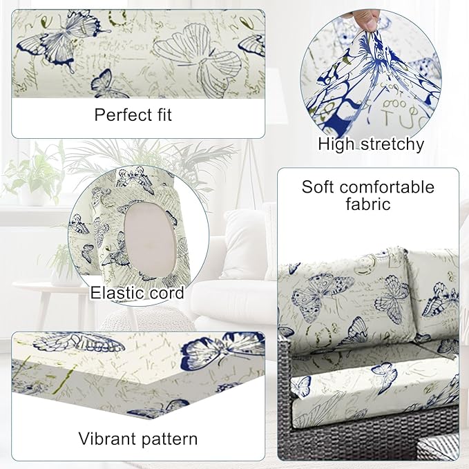 CALBODE 14pcs Outdoor Printed Sofa Seat Cushion Covers Strechable, Waterproof Elastic Half-Covered Sofa Covers Washable Reusable Patio Furniture Protector（Butterlfy, Cover Only）