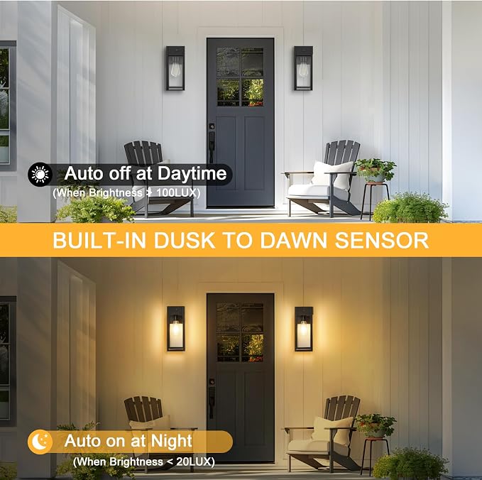 Dusk to Dawn Outdoor Light Fixtures Wall Mount, Outdoor Porch Lights with Outlet, Dusk to Dawn Outdoor Lighting for Doorway, Garage- Black