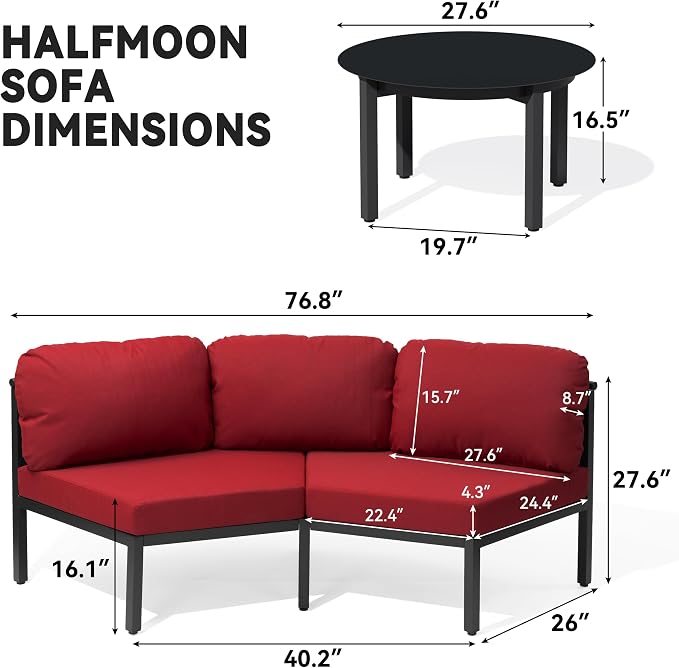 Crestlive Curved Patio Furniture Set, Modular Half Moon 8-Seater Sofa with Round Coffee Table, Aluminum Outdoor Sectional with 4.3" Cushions, All-Weather Couch for Backyard, Deck, Porch, Poolside