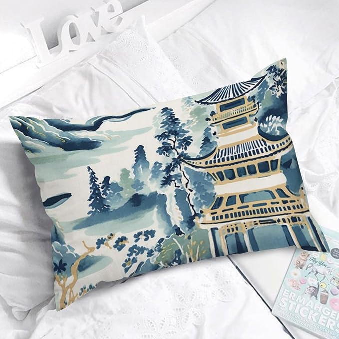 Rectangular Cushion Cover Blue and White Chinoiserie Pagoda Asian Cushion Cases Rustic Ming Rain Chinoiserie Pillow Cover Accent Farmhouse Decor Pillow for for Home Decor Sofa Car 12x18in
