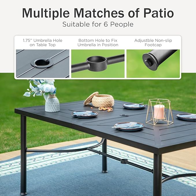 PHI VILLA 7 PCS Outdoor Dining Sets, All-Weather Patio Table and Chairs Set for 6, Heavy Duty Rectangle Patio Table Set for Deck, 6 Extra Large Outdoor Swivel Chairs with Thick Cushions