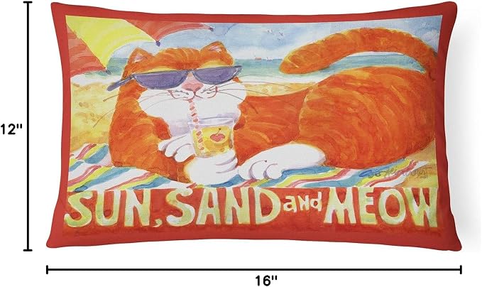 Caroline's Treasures 6050PW1216 Orange Tabby at The Beach Canvas Fabric Decorative Pillow Machine Washable, Indoor Outdoor Decorative Pillow for Couch, Bed or Patio, 12HX16W