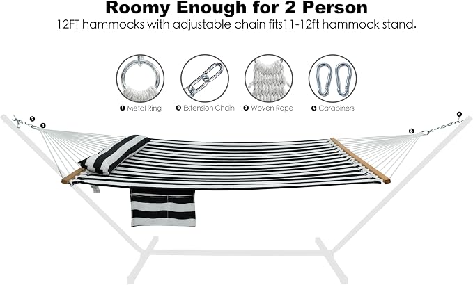 GAFETE Hammock 2 Person Quilted Fabric Hammocks for Outside, Double 12ft Hammocks with Spreader Bar, Large Removable Pillow, Storage Bag, Carabiners, Max 475 lbs Capacity (Black White)