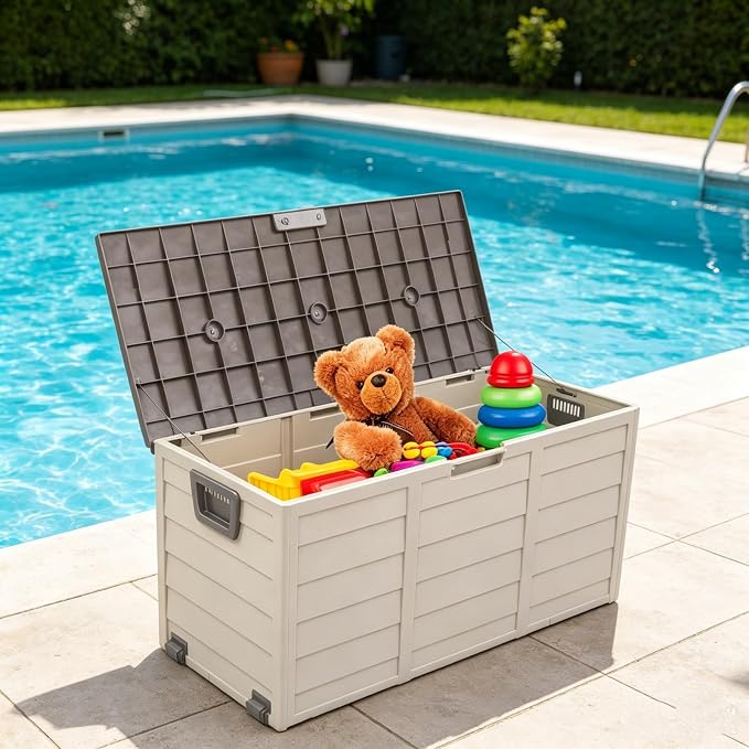 75 Gallon Waterproof Outdoor Deck Box with Wheels, Lockable Resin Patio Storage Container for Cushions, Garden Tools, Pool Accessories and Outdoor Supplies, Brown