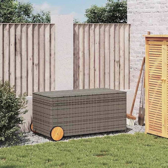 Large Garden Storage Box Grey PE Rattan 50.4 Gallons Outdoor Storage Organizer with Wheels, Water-Resistant Material and Powder-Coated Steel Frame for Cushions Blankets Patio
