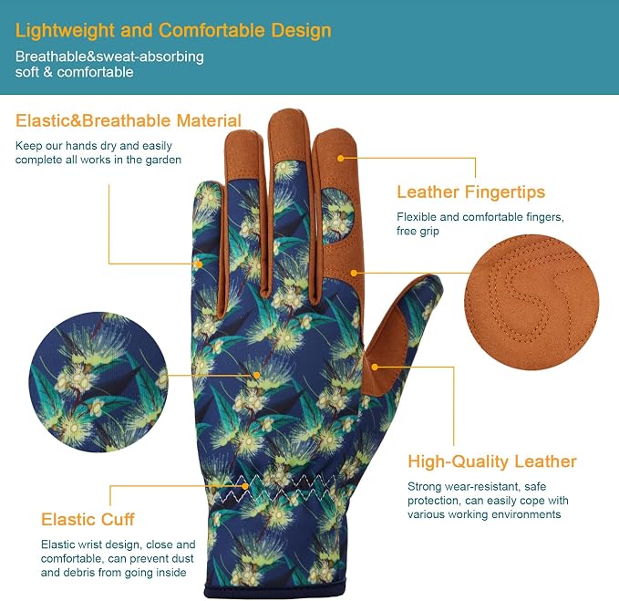 Bamllum Gardening Gloves for Women, Leather Garden Gloves | Breathable Garden Gloves with a Padded Palm, Flexible Fit and Elastic Wrist for Weeding, Digging, Planting and Pruning