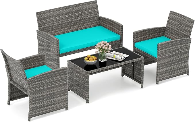 HAPPYGRILL 4 Piece Rattan Wicker Patio Conversation Set, Outdoor Furniture with Chair Loveseat Table & Cushion, for Backyard Porch Balcony (1, Turquoise)